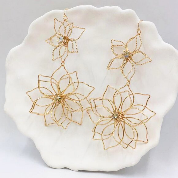 ZARA NEW Double Flower Gold Dipped Rhinestone Accent Wired Dangle Earrings - Picture 2 of 7